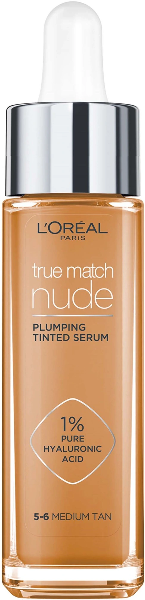 Loreal Paris True Match Nude Plumping Tinted Serum Foundation, 1% Hyaluronic Acid 5-6 Medium - Tan
