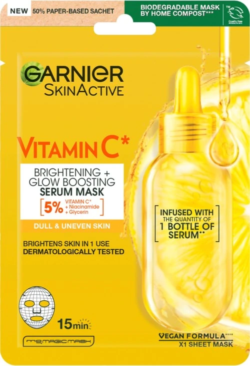 Garnier SkinActive Vitamin C* Brightening + Glow Boosting Serum Sheet Mask for Dull & Uneven Skin 28 g