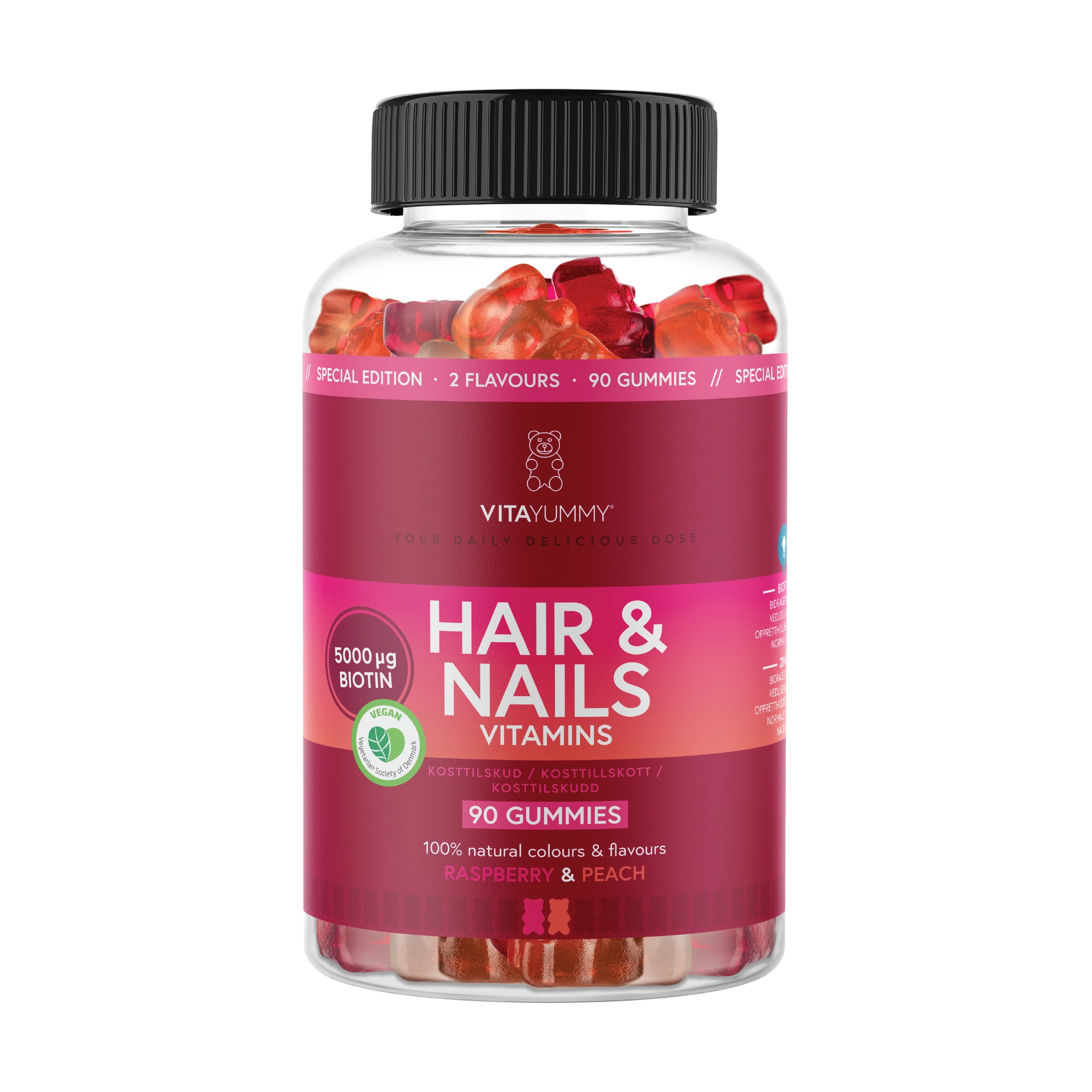 VitaYummy Hair & Nails, Fersken og bringebær, 90 stk.