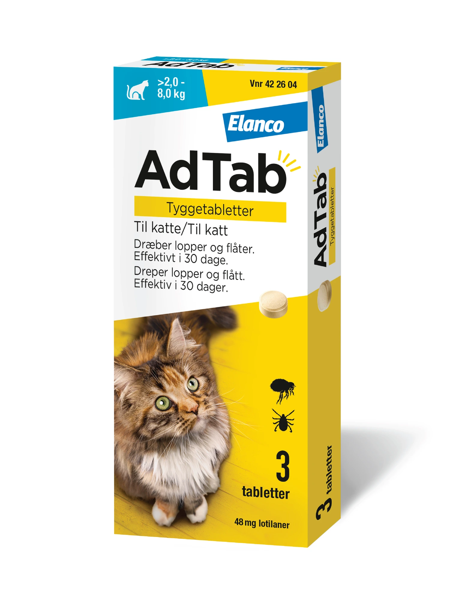 AdTab 48 mg tyggetabletter til katt (>2,0-8,0 kg) 3 stk