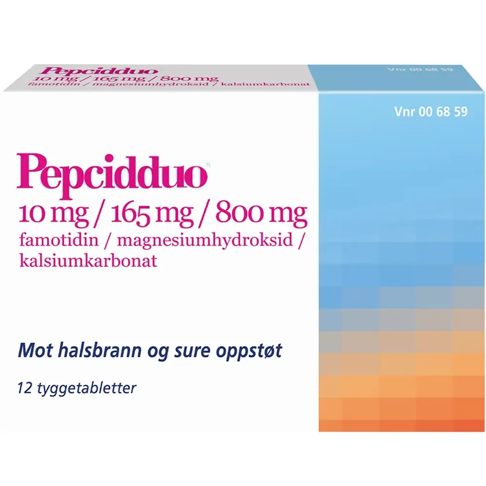 Pepcidduo tyggetab med spearmintsmak 10 mg/165 mg/800 mg