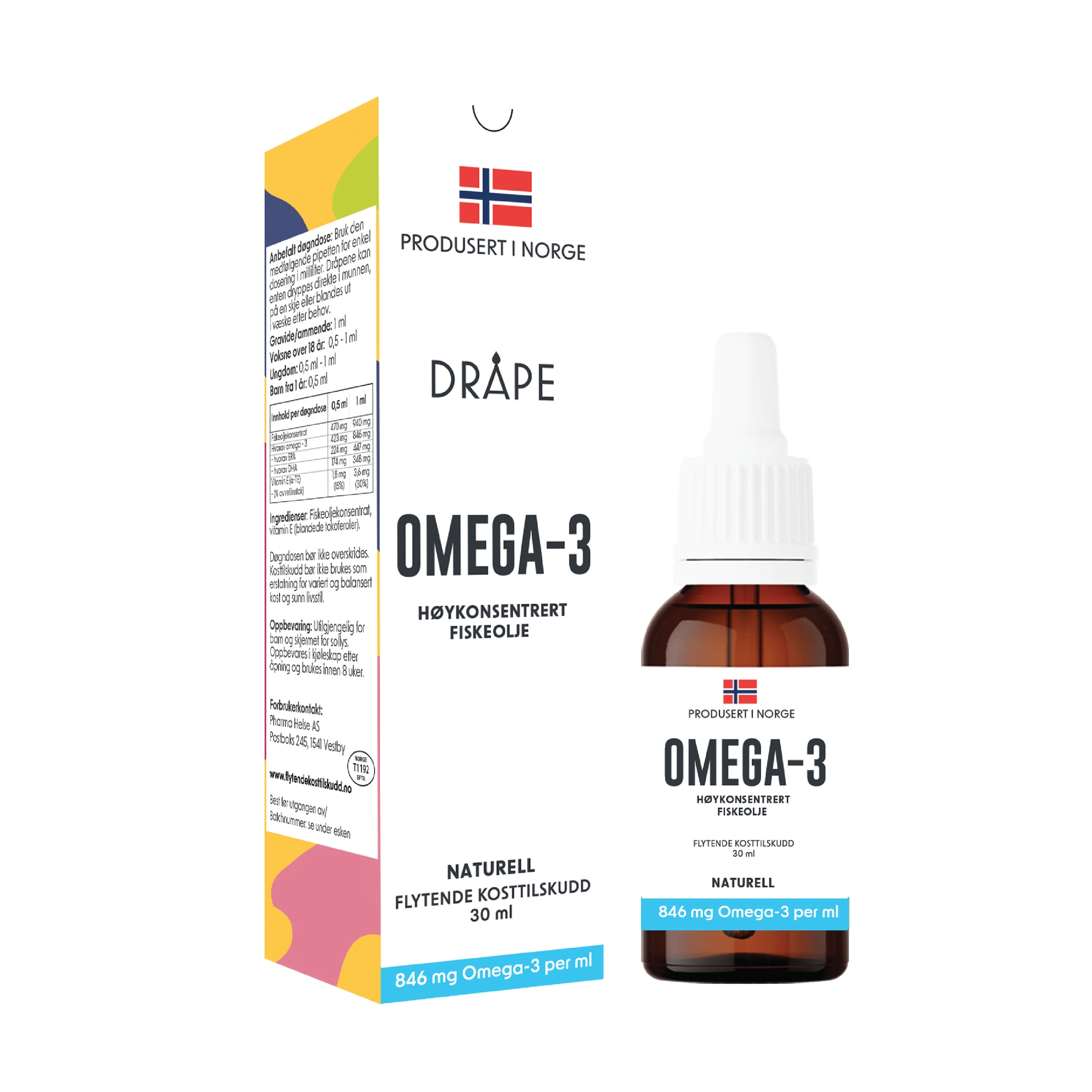 Dråpe omega-3 høykons fiskeolje naturell dråper 940 mg/ml/3,6 mg alfa-TE/ml
