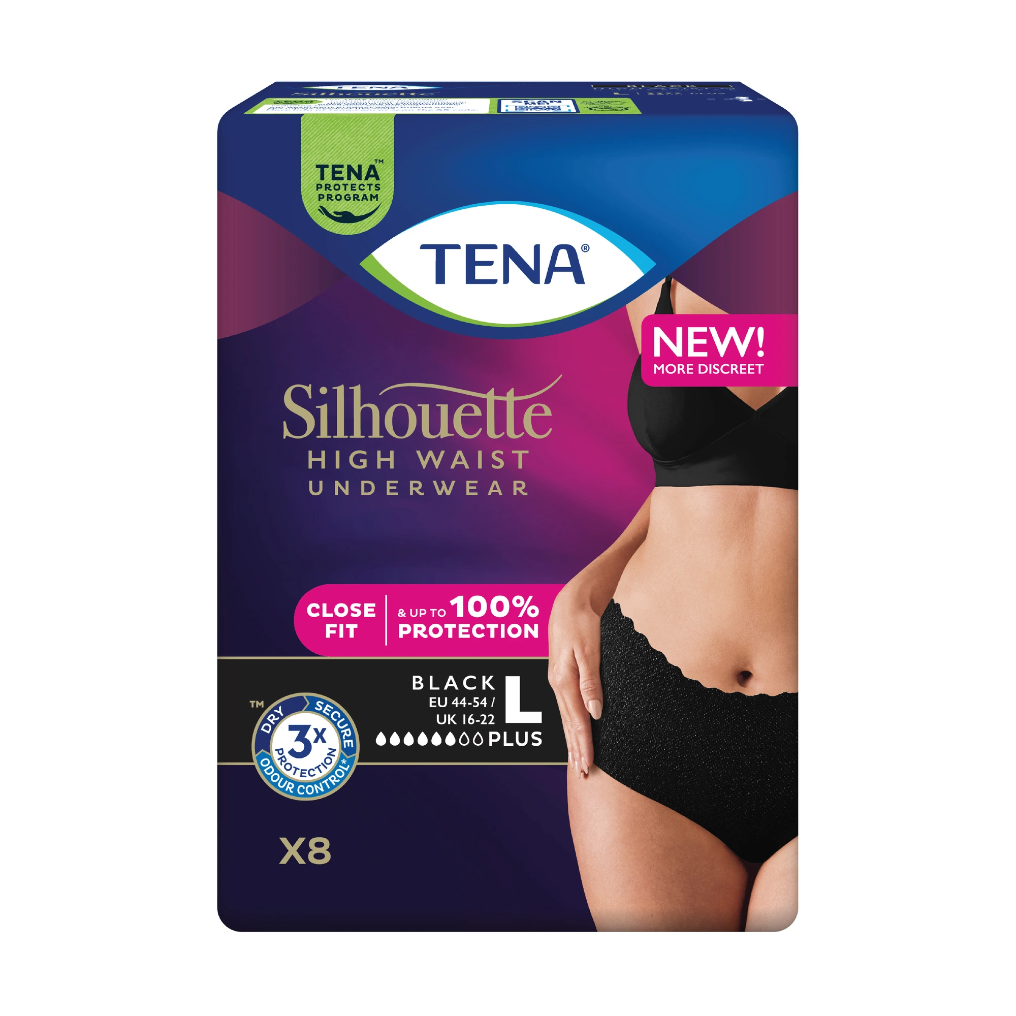 TENA Silhouette Pants Plus High Waist inkontinensundertøy sort L 8 stk