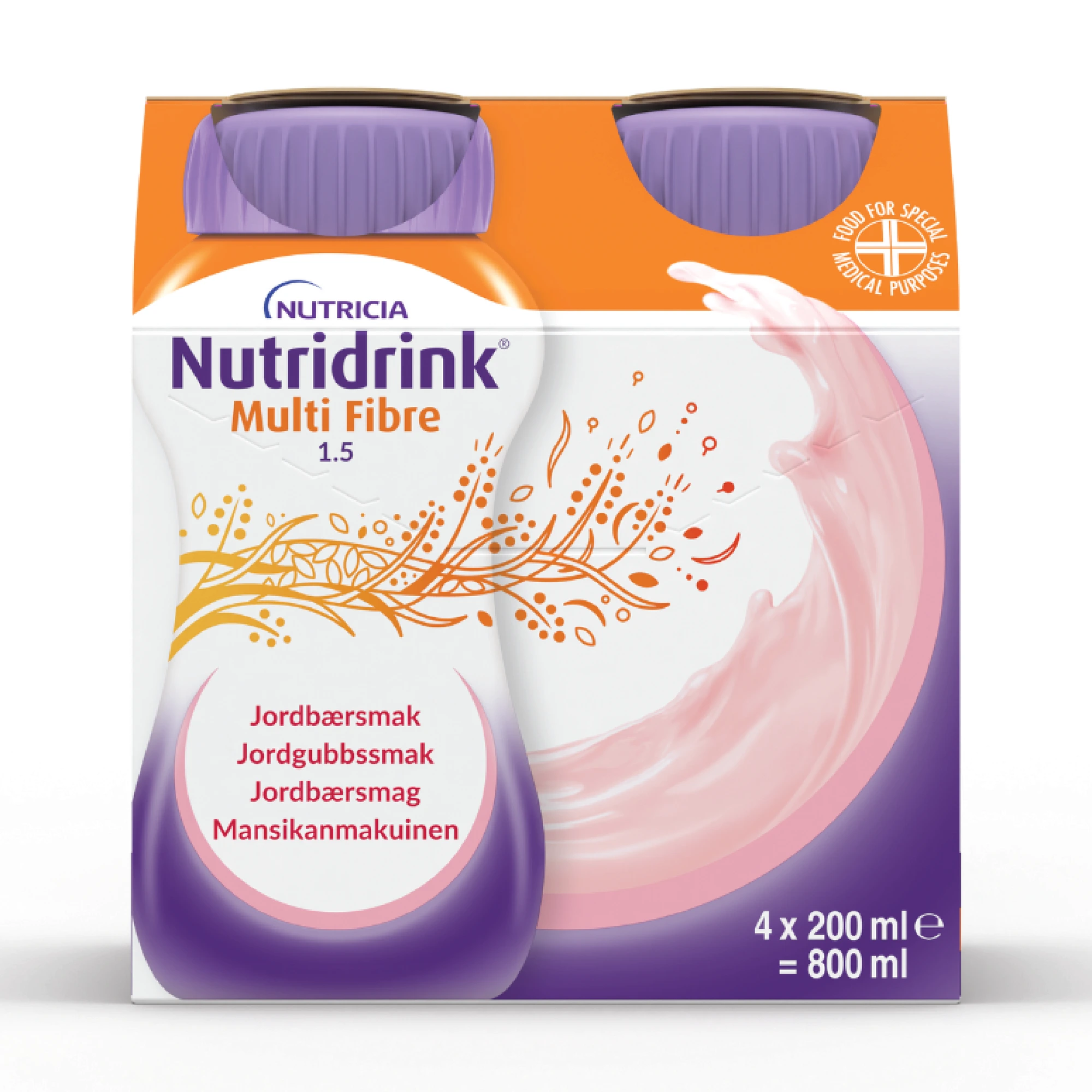Nutridrink Multi Fibre næringsdrikk jordbær 4x200 ml