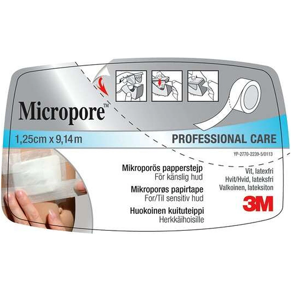 3M Micropore tape m/dispenser 1,25 cm x 9,14 m hvit 1 stk
