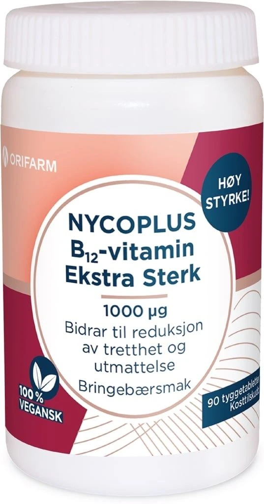 Nycoplus B12-vit ekstra sterk bringebær tyggetab med bringebærsmak 1000 mikrog