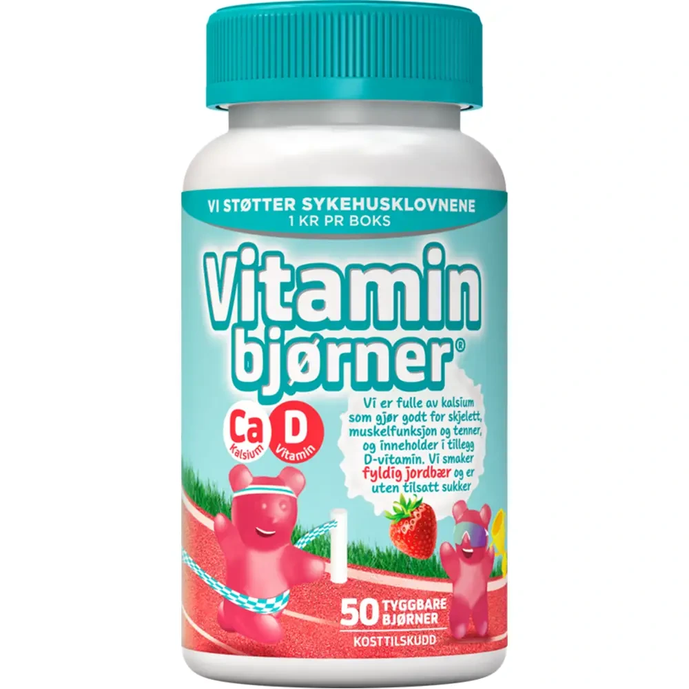 Vitaminbjørner kalsium+D-vit tyggetab med jordbærsmak 150 mg/5 mikrog