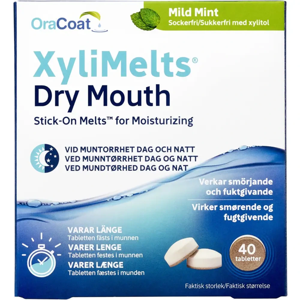 XyliMelts klebetabletter mot munntørrhet mild mint 40 stk