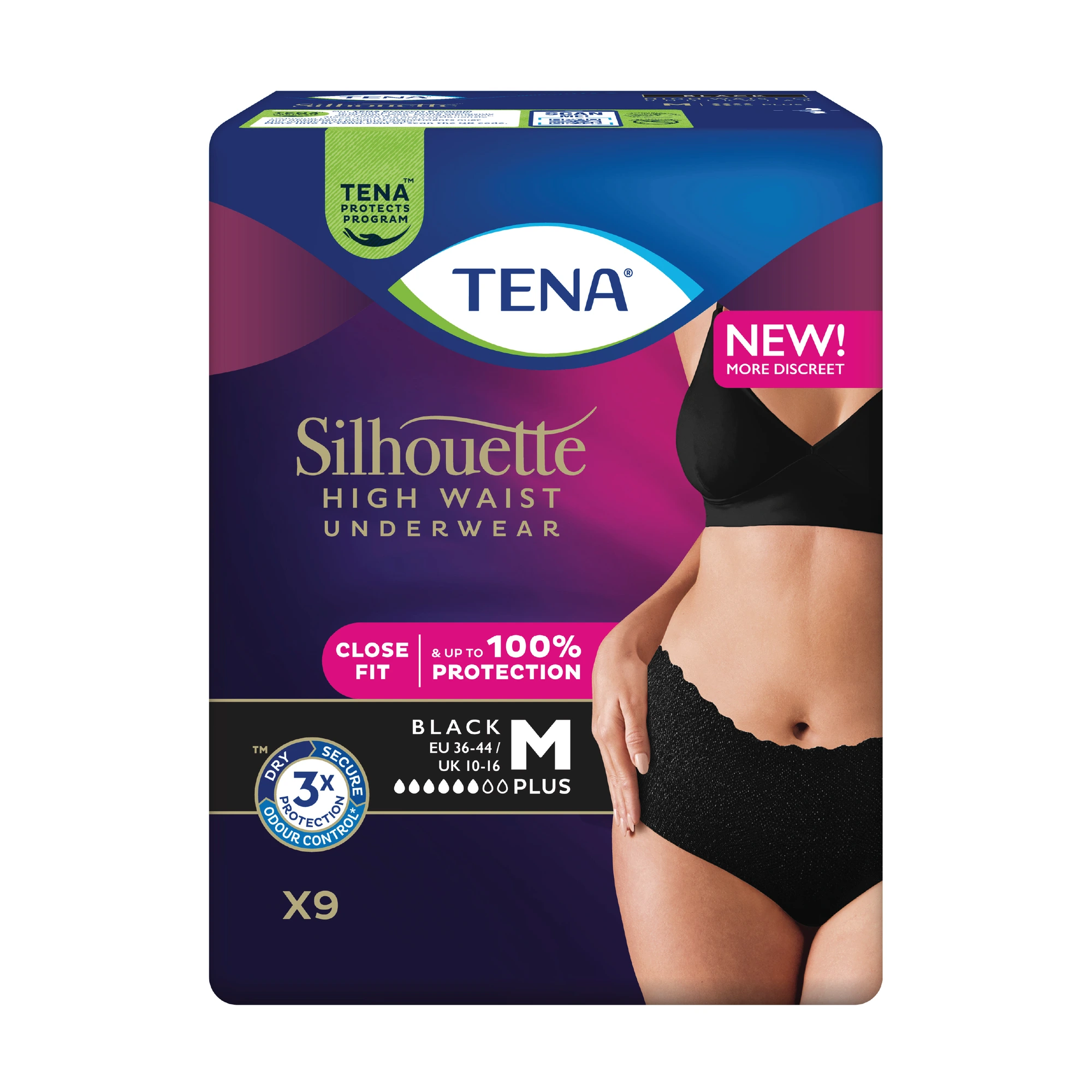 TENA Silhouette Pants Plus High Waist inkontinensundertøy sort M 9 stk