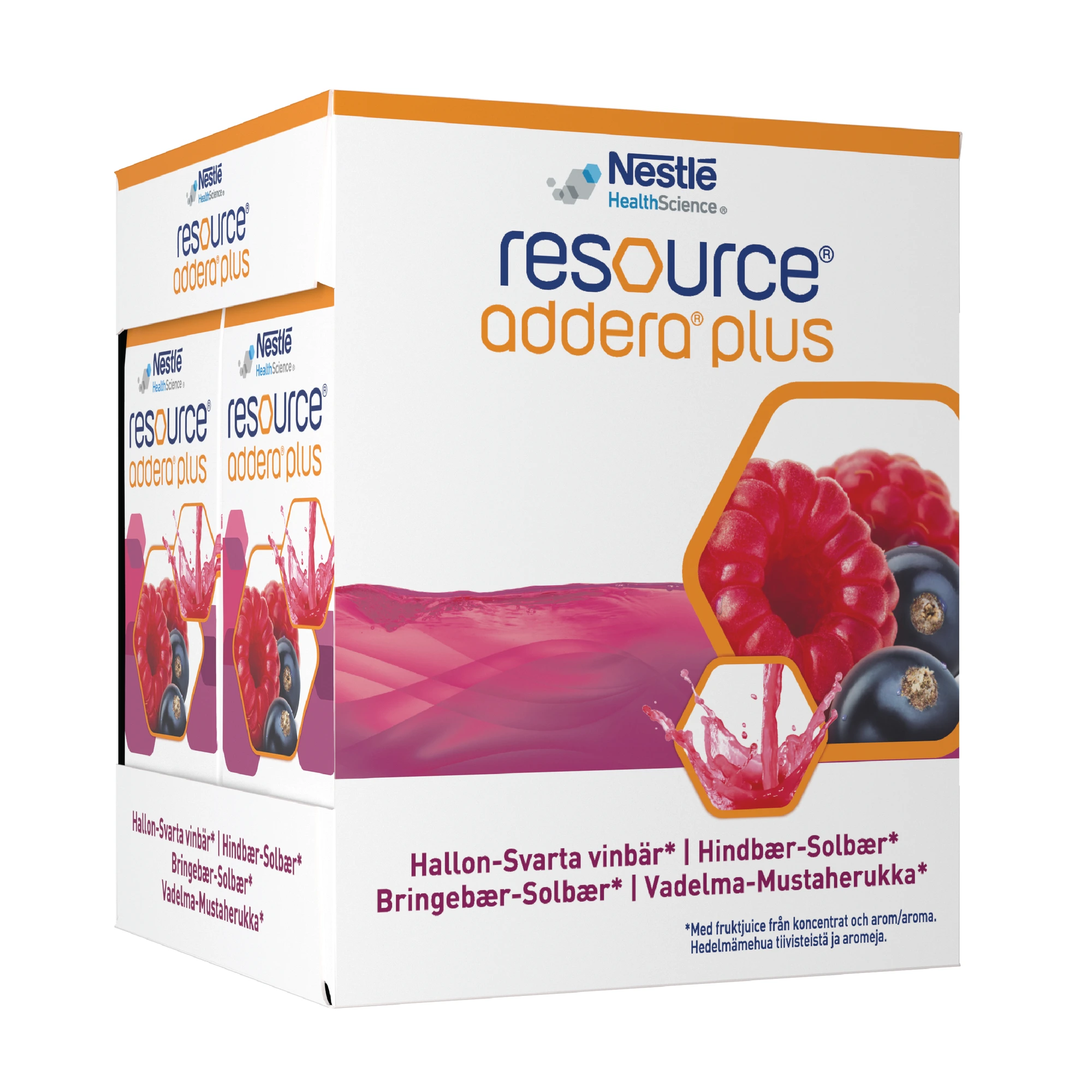 Resource Addera plus næringstilskudd, Bringebær og solbær, 4x200 ml