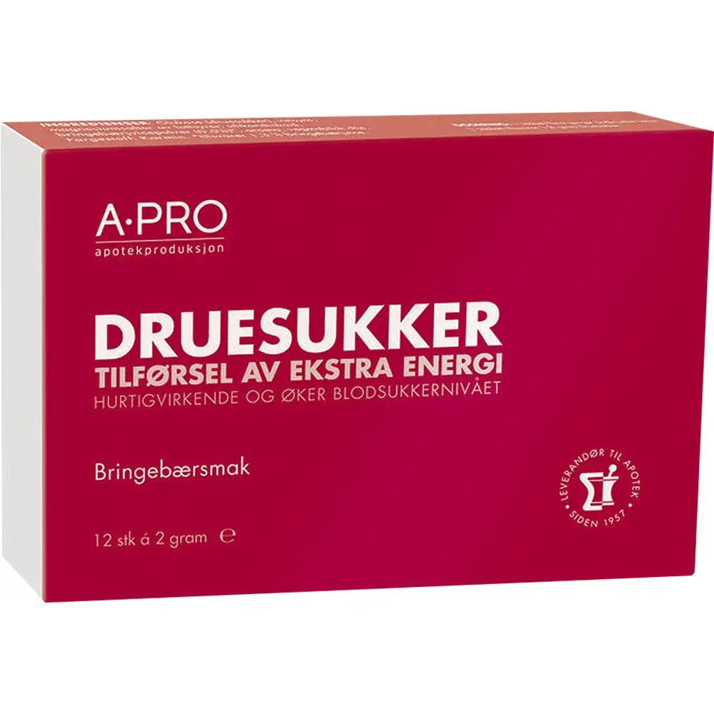 A-pro druesukker 2 g tabletter bringebærsmak 12 stk
