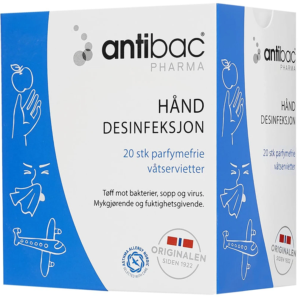Antibac Pharma 85% hånddesinfeksjon våtservietter 20 stk