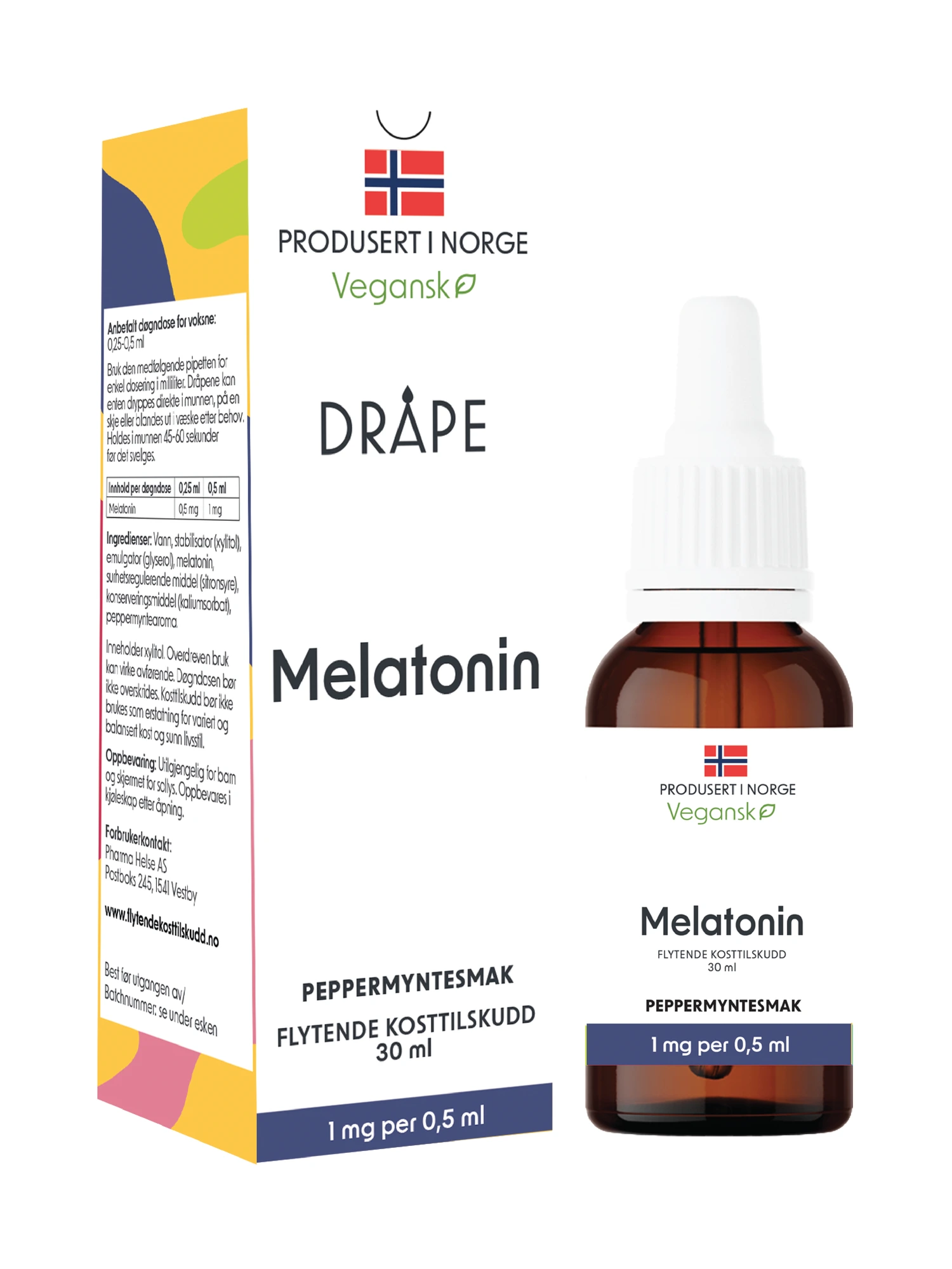 Dråpe vegansk melatonin peppermynte dråper 1 mg/0,5 ml