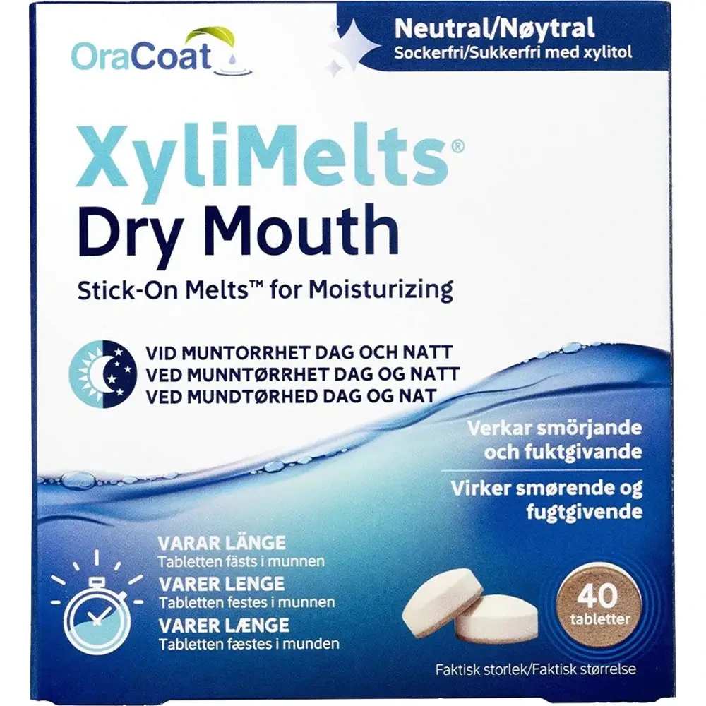 XyliMelts klebetabletter mot munntørrhet nøytral 40 stk