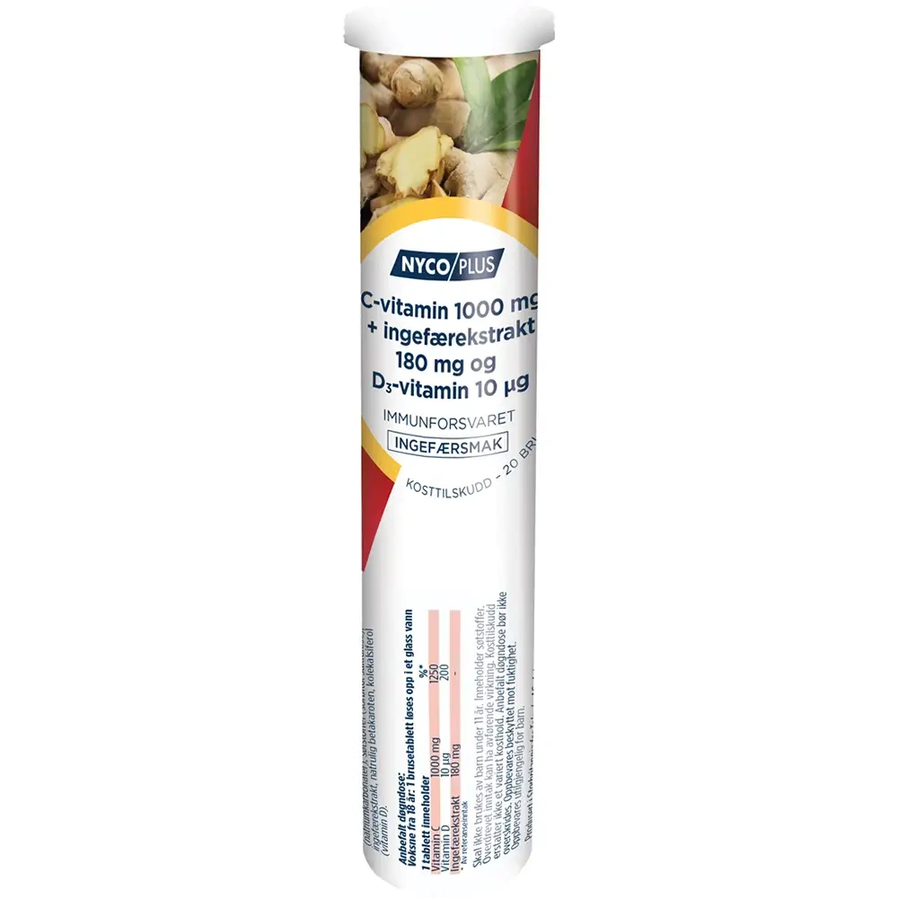 Nycoplus C-vitamin+ingefærekstrakt+D3 brusetab 180 mg/1000 mg/10 mikrog
