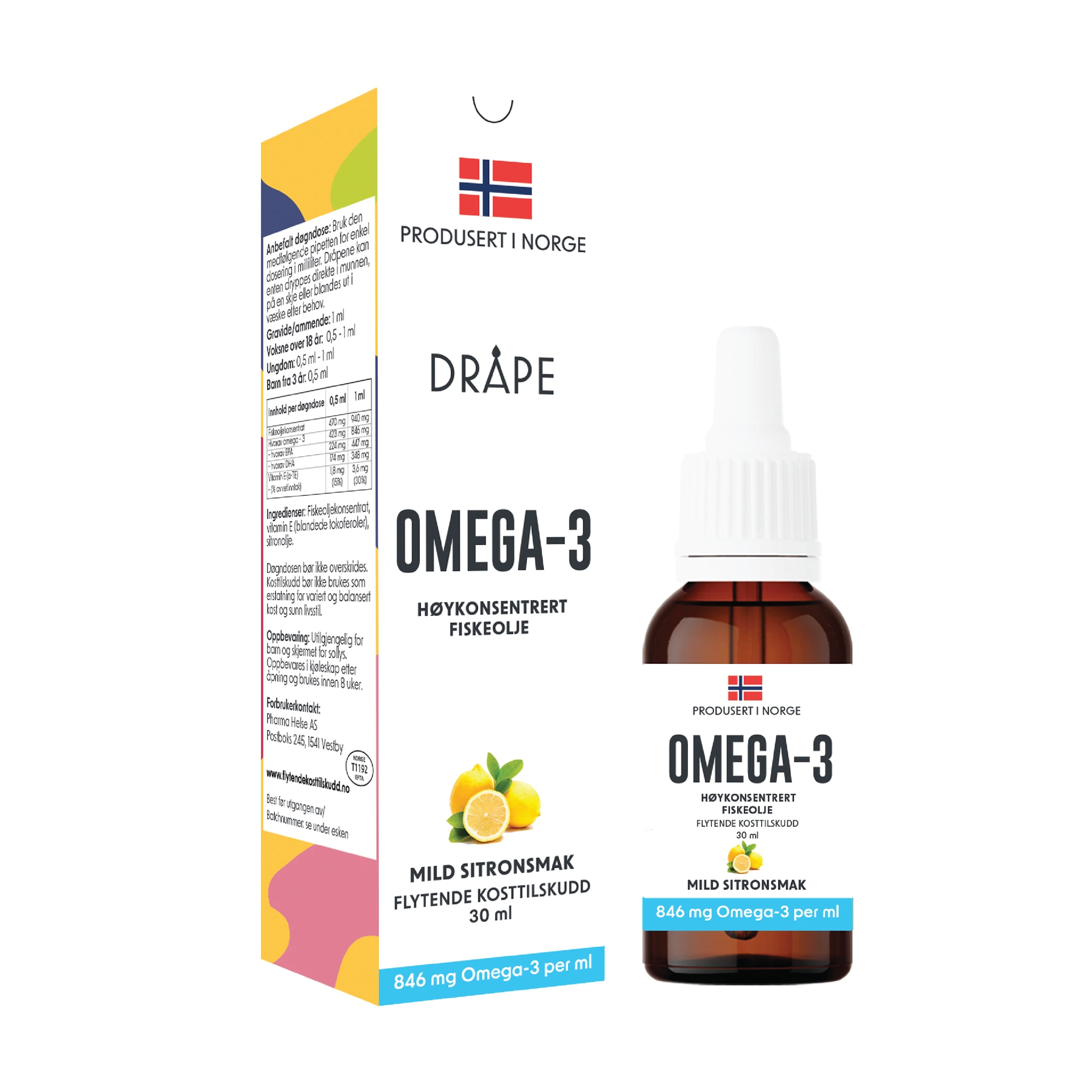 Dråpe omega-3 høykons fiskeolje sitron dråper 940 mg/ml/3,6 mg alfa-TE/ml
